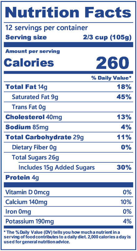 Bride's Cake Ice Cream half gallon nutrition label
