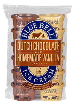 12 pack of single serve Blue Bell Homemade Vanilla and Dutch Chocolate ice cream cups