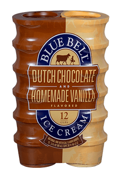 12 pack of single serve Blue Bell Homemade Vanilla and Dutch Chocolate ice cream cups