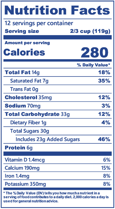 Blue Bell Homemade in the Shade Ice Cream in half gallon nutrition label