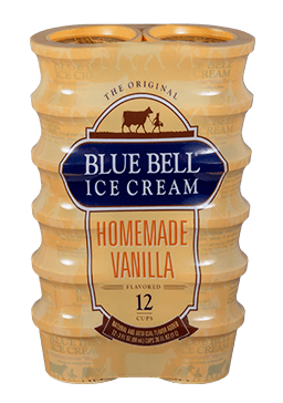 12 pack of single serve Blue Bell Homemade Vanilla Ice Cream cups shrink